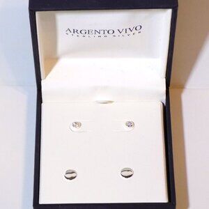 New Argento Vivo 925 Sterling Silver & CZ 2 Pairs of Dainty Stud Earrings Set